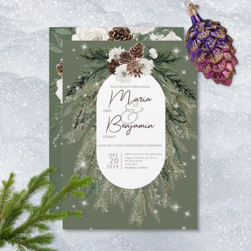 Rustic Green Pine Winter Sparkle Wedding Invitation