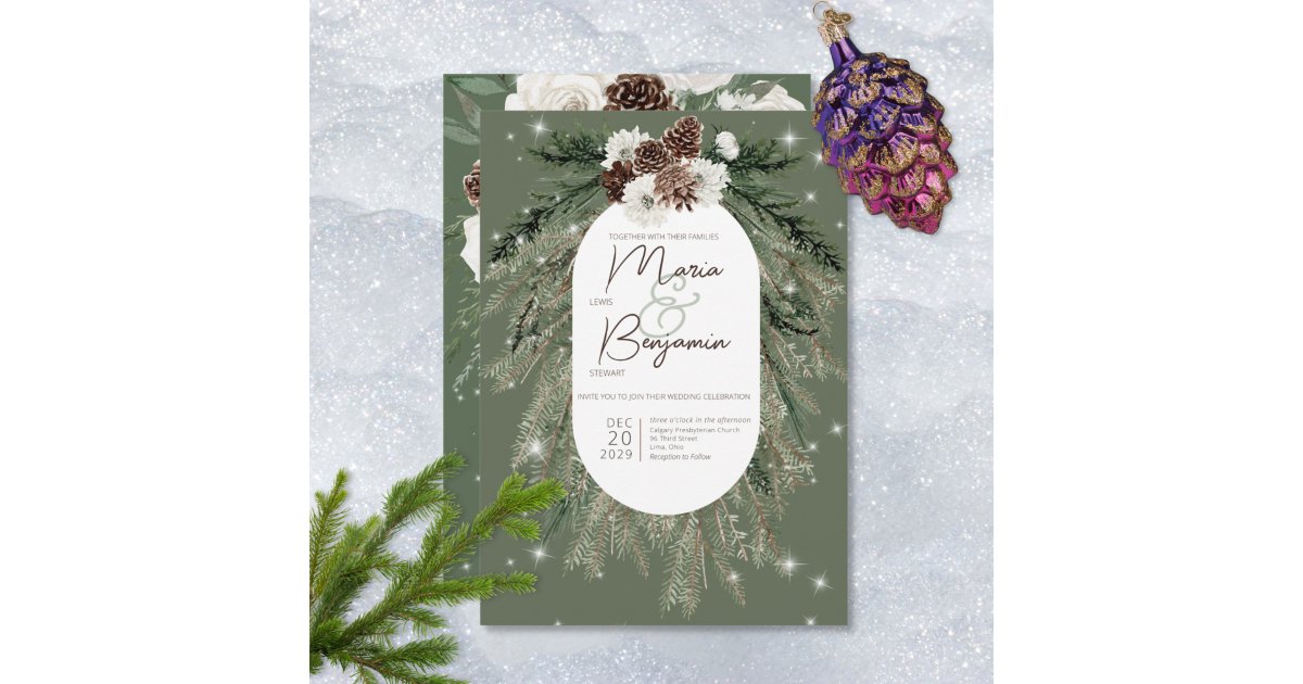 Rustic Green Pine Winter Sparkle Wedding Invitation | Zazzle