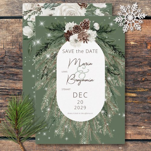 Rustic Green Pine Winter Sparkle Wedding Save The Date