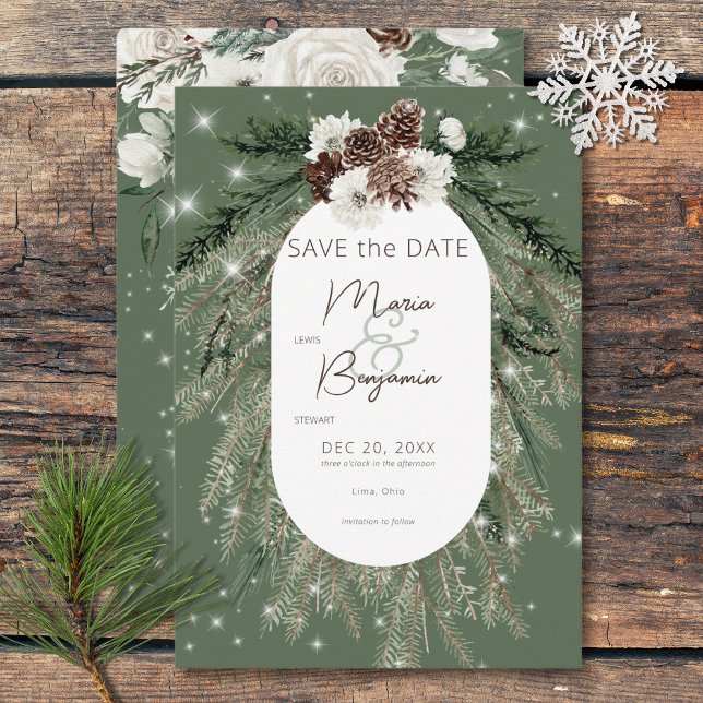 Rustic Green Pine Winter Sparkle Wedding Save The Date (Rustic Green Pine Winter Sparkle Wedding Save The Date)