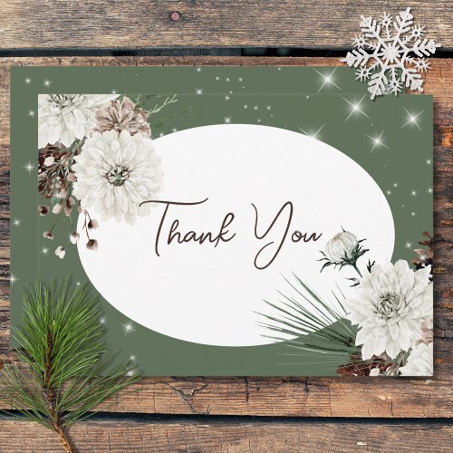 Rustic Green Pine Winter Sparkle Wedding Thank You Card
