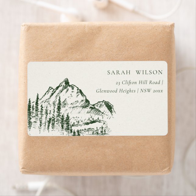 Rustic Green Pine Woods Mountain Sketch Address Label (Insitu)