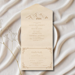 Rustic Green Pine Woods Mountain Sketch Wedding All In One Invitation