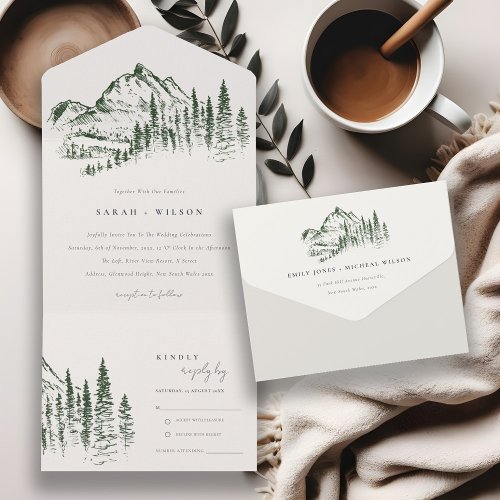 Rustic Green Pine Woods Mountain Sketch Wedding All In One Invitation