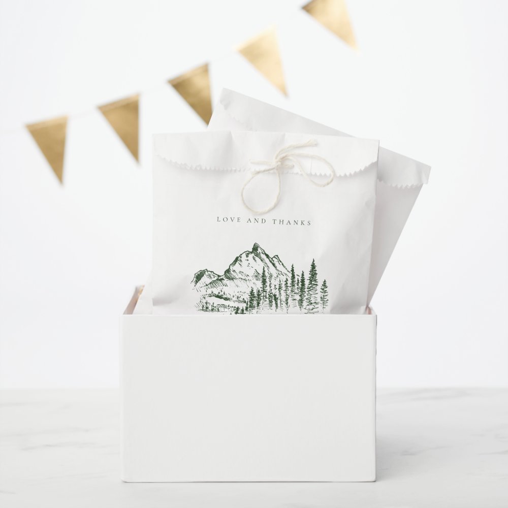 Disover Rustic Green Pine Woods Mountain Sketch Wedding Favor Bag