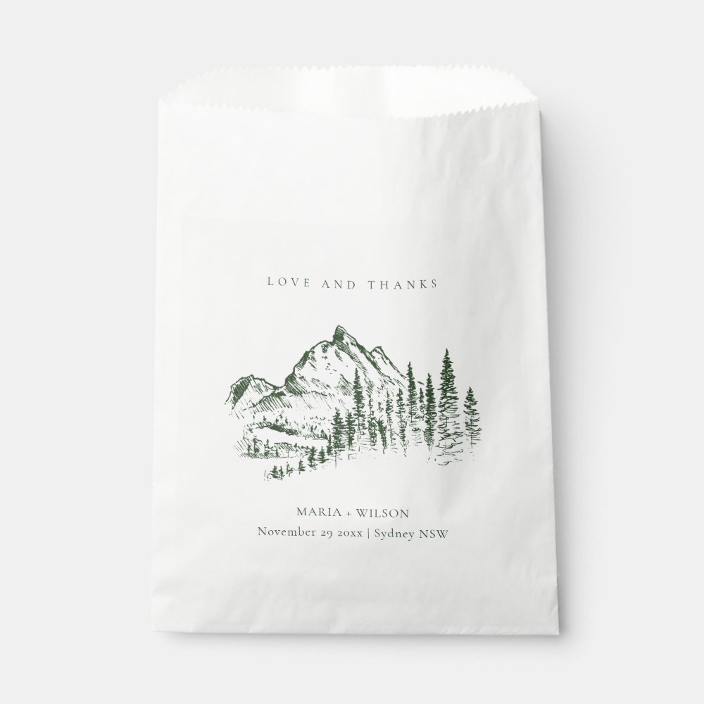 Disover Rustic Green Pine Woods Mountain Sketch Wedding Favor Bag