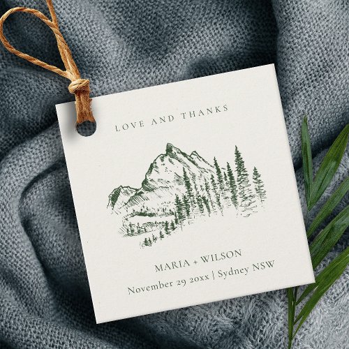 Rustic Green Pine Woods Mountain Sketch Wedding Favor Tags