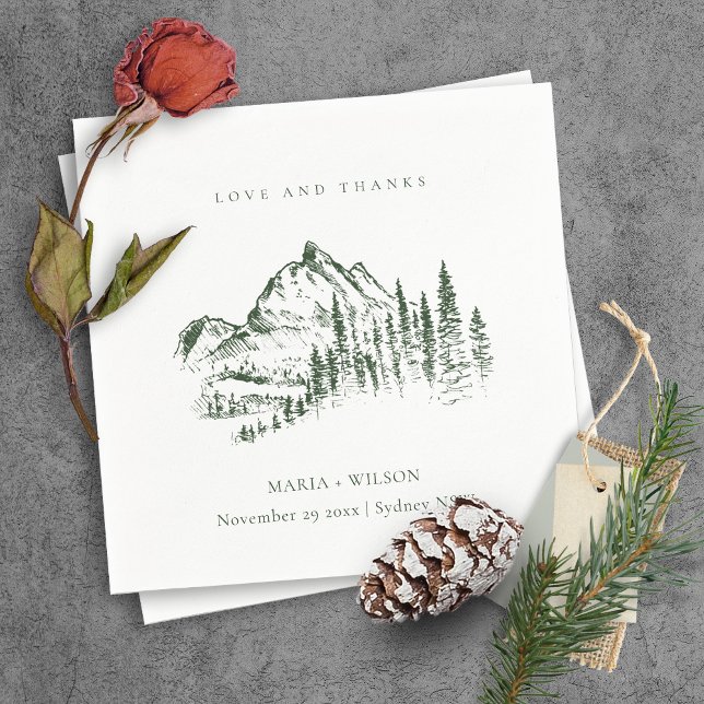 Rustic Green Pine Woods Mountain Sketch Wedding Napkins (Creator Uploaded)