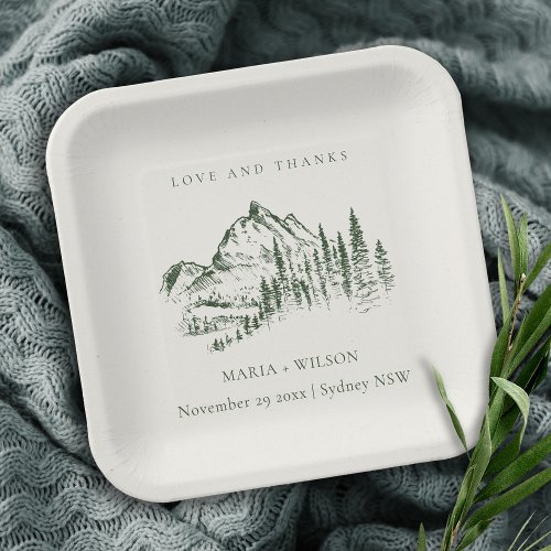 Rustic Green Pine Woods Mountain Sketch Wedding Paper Plates