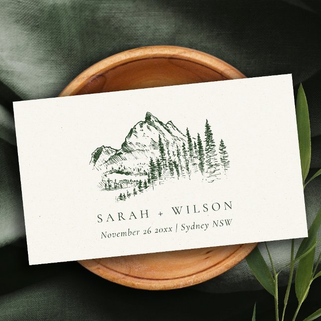 Rustic Green Pine Woods Mountain Sketch Wedding Place Card (Creator Uploaded)