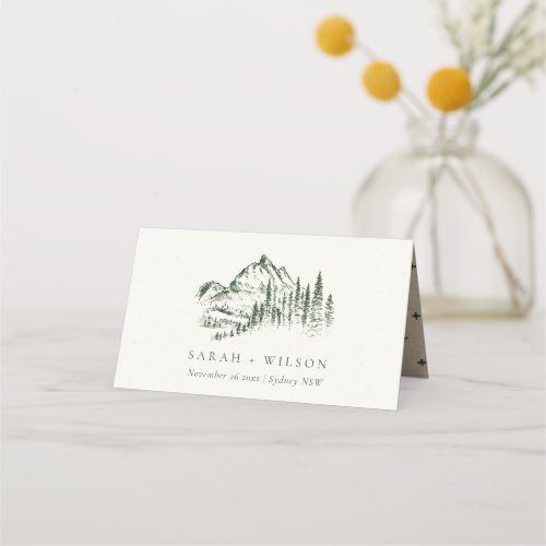 Rustic Green Pine Woods Mountain Sketch Wedding Place Card