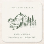 Rustic Green Pine Woods Mountain Sketch Wedding Square Paper Coaster<br><div class="desc">For any further customisation or any other matching items,  please feel free to contact me at yellowfebstudio@gmail.com</div>