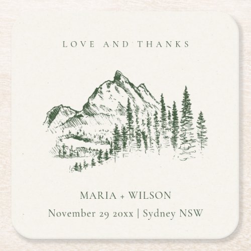Rustic Green Pine Woods Mountain Sketch Wedding