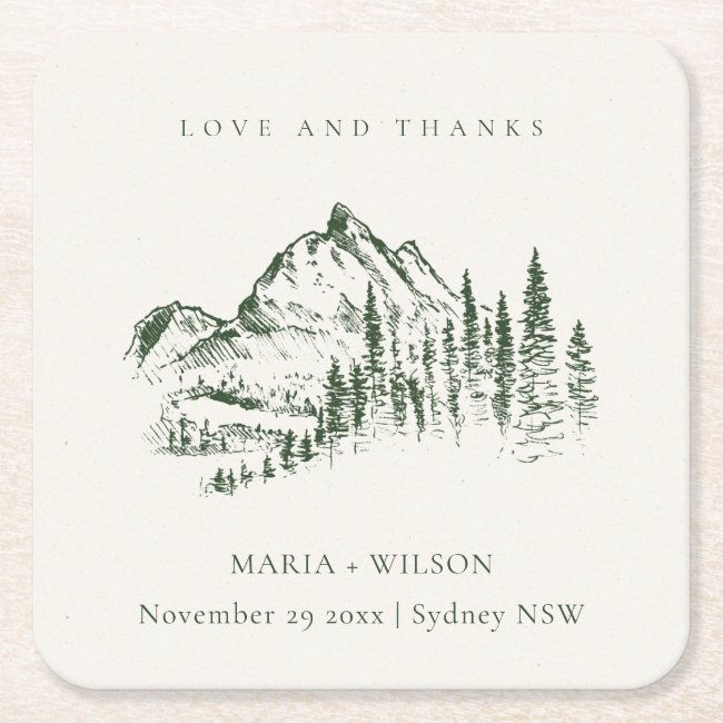 Rustic Green Pine Woods Mountain Sketch Wedding Square Paper Coaster