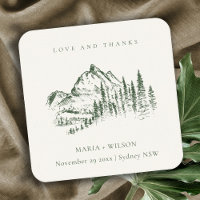 Rustic Green Pine Woods Mountain Sketch Wedding