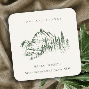 Rustic Green Pine Woods Mountain Sketch Wedding Square Paper Coaster