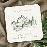 Rustic Green Pine Woods Mountain Sketch Wedding Square Paper Coaster at Zazzle