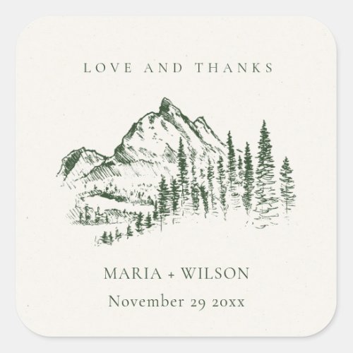 Rustic Green Pine Woods Mountain Sketch Wedding Square Sticker