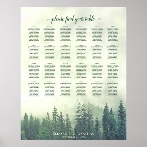 Rustic Green Pines 24 Table Wedding Seating Chart