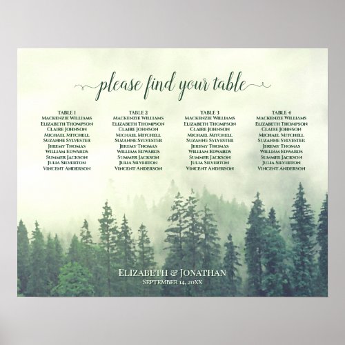 Rustic Green Pines 4 Table Wedding Seating Chart