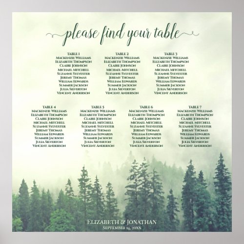 Rustic Green Pines 7 Table Wedding Seating Chart