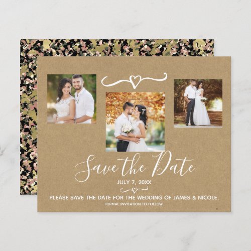 Rustic Green Pink Camo Kraft Photo Save the Date