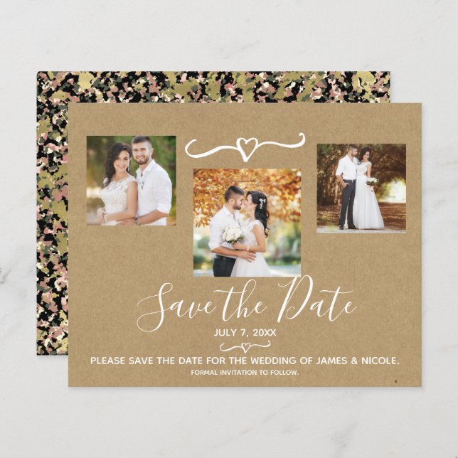 Rustic Green Pink Camo Kraft Photo Save the Date (Front/Back)