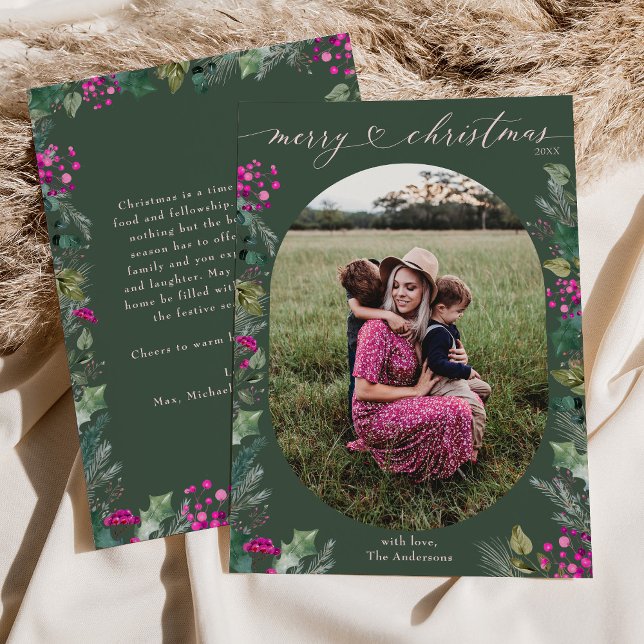 Rustic Green Pink Foliage 1 Photo Christmas  Holiday Card (Creator Uploaded)