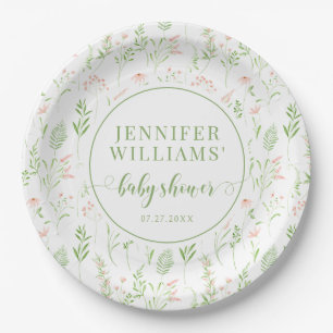 Rustic green pink little wildflower baby shower paper plates