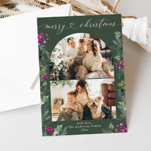 Rustic Green Pink Unique Christmas Card w. Message