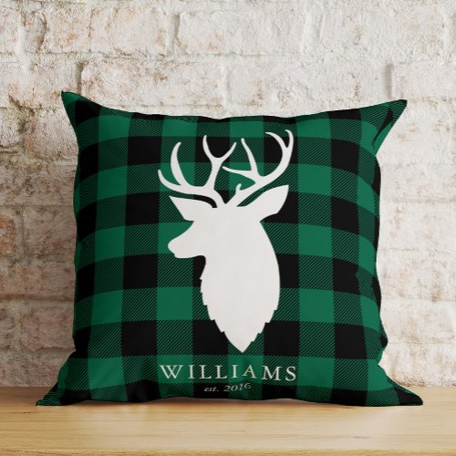 Rustic Green Plaid and Reindeer Christmas Throw Pillow