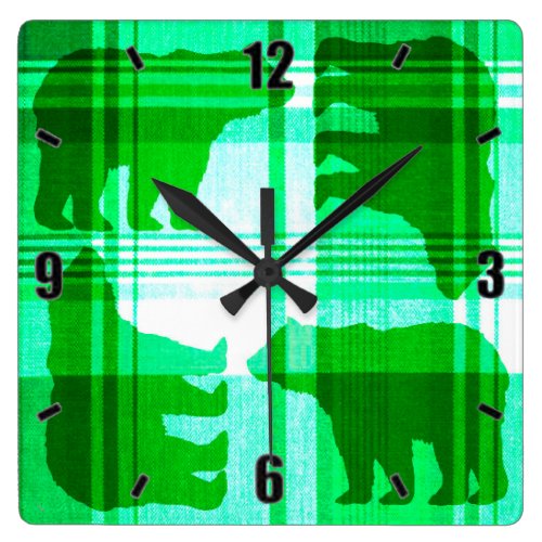 Rustic green plaid bears square wall clock