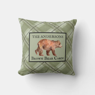 Rustic Green Plaid Cabin Bear Decor Custom Throw Pillow