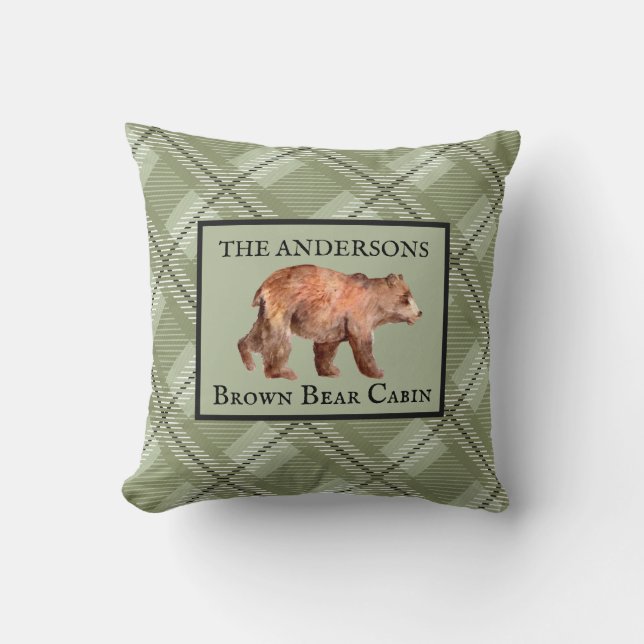 Rustic Green Plaid Cabin Bear Decor Custom Throw Pillow (Front)