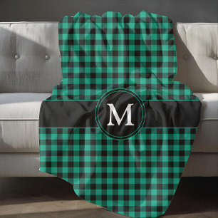 Rustic Green Plaid Checks Monogram Fleece Blanket