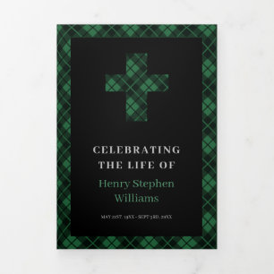 Rustic Green Plaid Cross Funeral Memorial Tri-Fold Program