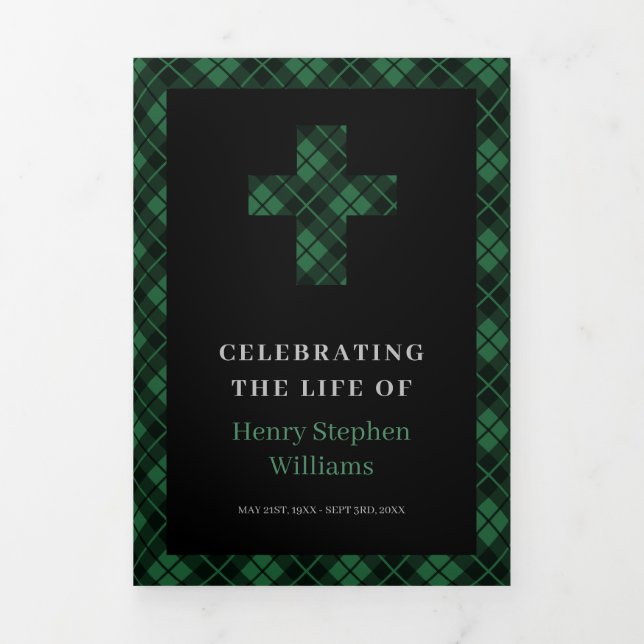 Rustic Green Plaid Cross Funeral Memorial Tri-Fold Program (Cover)