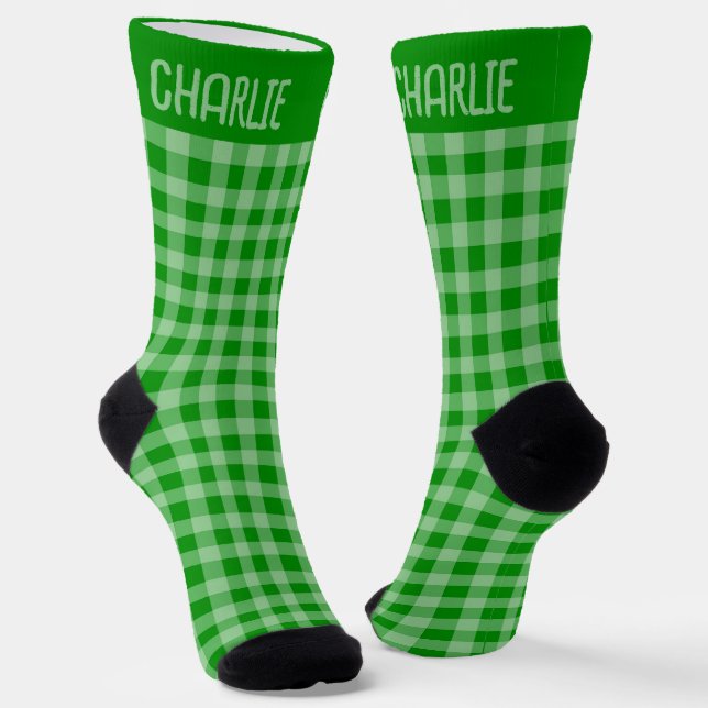 Rustic Green Plaid Custom Name on Gingham Pattern Socks (Angled)