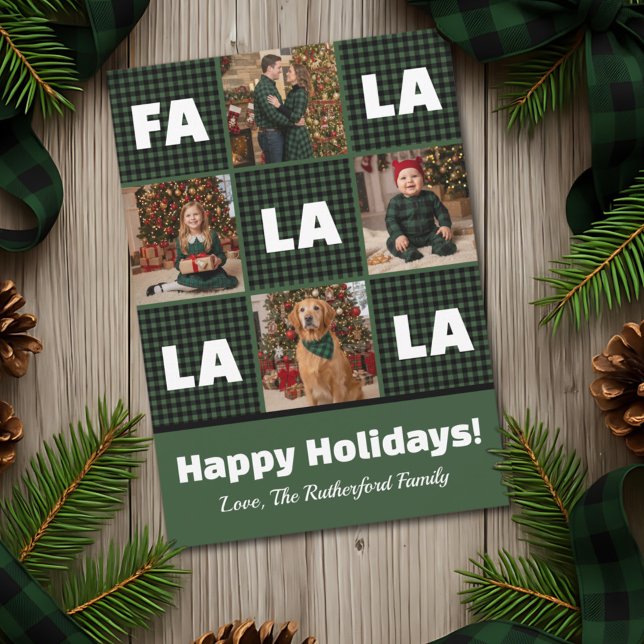 Rustic Green Plaid Fa La La Custom Photo Christmas Holiday Card (Creator Uploaded)