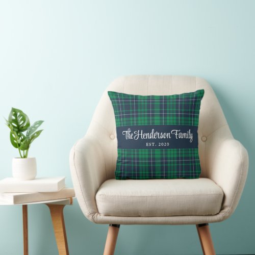 Rustic Green Plaid Family Name Throw Pillow