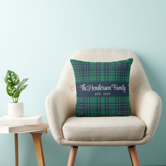 Rustic Green Plaid Family Name Throw Pillow (Chair)