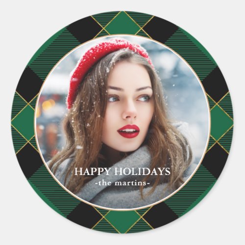 Rustic Green Plaid Faux Gold Photo Christmas Class Classic Round Sticker