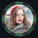 Rustic Green Plaid Faux Gold Photo Christmas Class Classic Round Sticker<br><div class="desc">This trendy rustic Christmas sticker features a green plaid print with a touch of faux gold. This lends a modern glam touch to a traditional holiday pattern. A center photo with Happy Holidays typography and your name add classic finishing touches. Please view this Christmas collection for coordinating greeting cards and...</div>