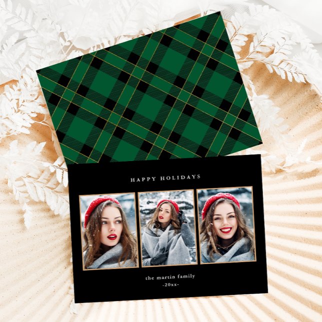 Rustic Green Plaid Faux Gold Three Photo Christmas Holiday Card (Creator Uploaded)