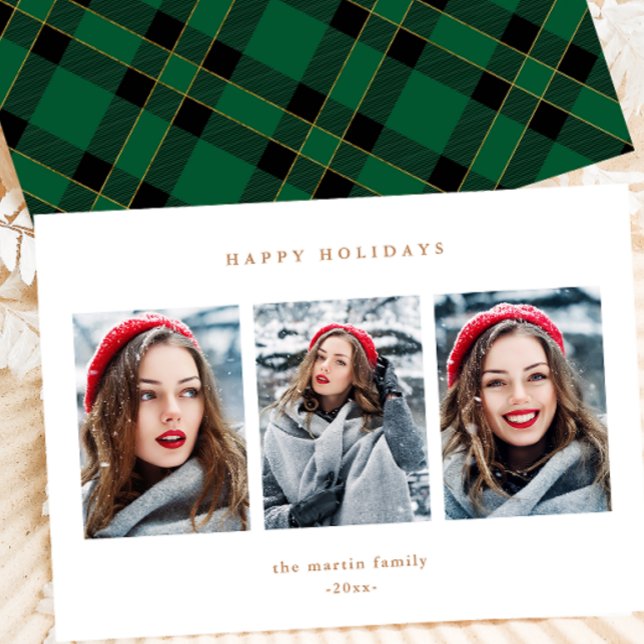 Rustic Green Plaid Faux Gold Three Photo Christmas Holiday Card (Creator Uploaded)