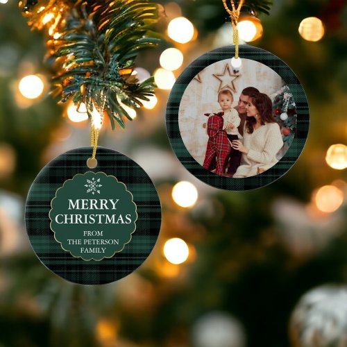 Rustic Green Plaid Flannel Merry Christmas Photo Ceramic Ornament