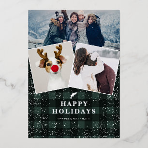 Rustic green plaid flannel mistletoe snow 3 photos foil holiday card