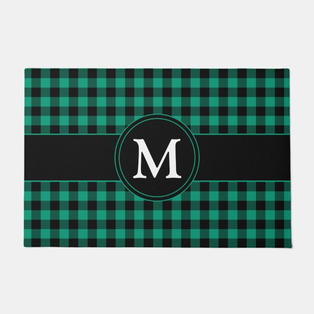 Rustic Green Plaid Gingham Monogram  Doormat (Front)