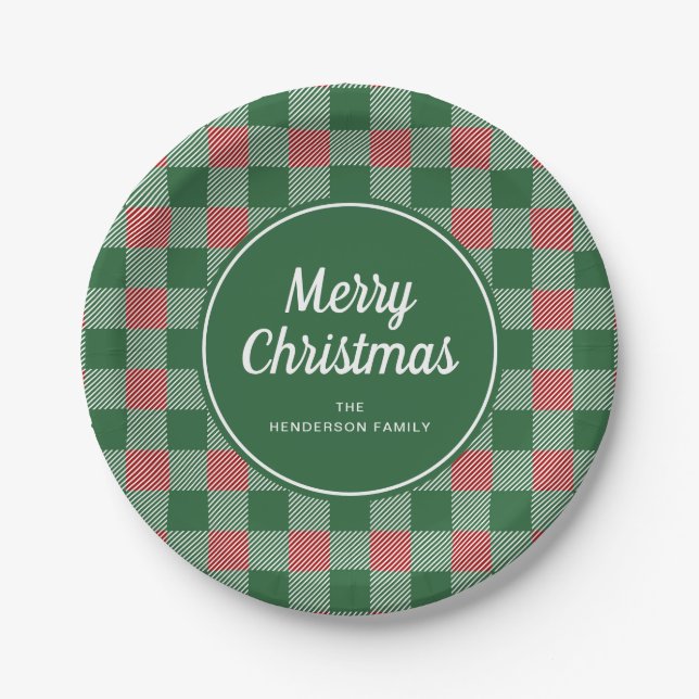 Rustic Green Plaid Merry Christmas Paper Plates (Front)