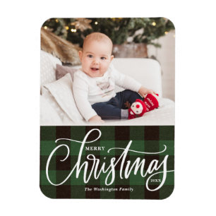 Rustic Green Plaid Merry Christmas Photo Magnet